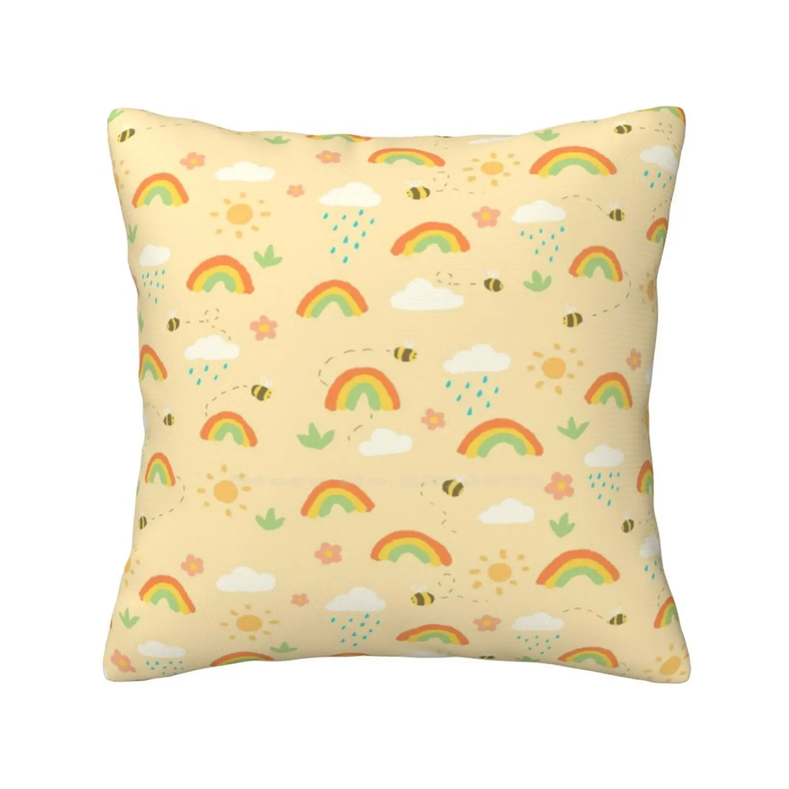 Rainbows & Bees Throw Cushion Pillow Cover Rainbow Bee Raincloud Plants Baby Cute Child Infant Newborn Sun Flower Gender