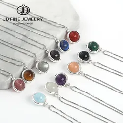 JD Classic Silver Color 8mm Natural Round Stone Pendant Necklace Women Malachite Lapis Reiki Lucky Beads Tiny Chain Choker Gifts