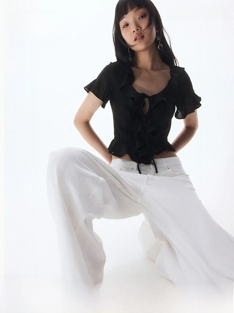 

Романтичная женская летняя рубашка из смесового льна с кружевным подолом и утягивающим поясом, H&M 1271515, с коротким рукавом и круглым вырезом