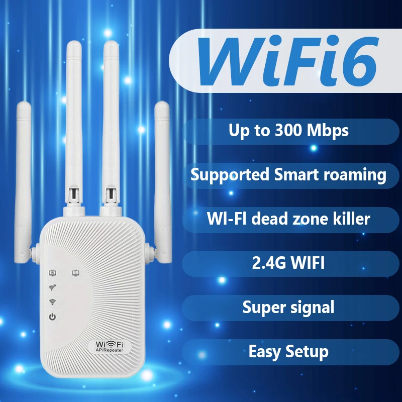 

Удлинитель Wi-Fi 300 Мбит/с, 2,4 ГГц, с 4 антеннами, 360° ° Полное покрытие для устройств 35+, портов Ethernet и установки с 1 касанием — повышающий сигнал