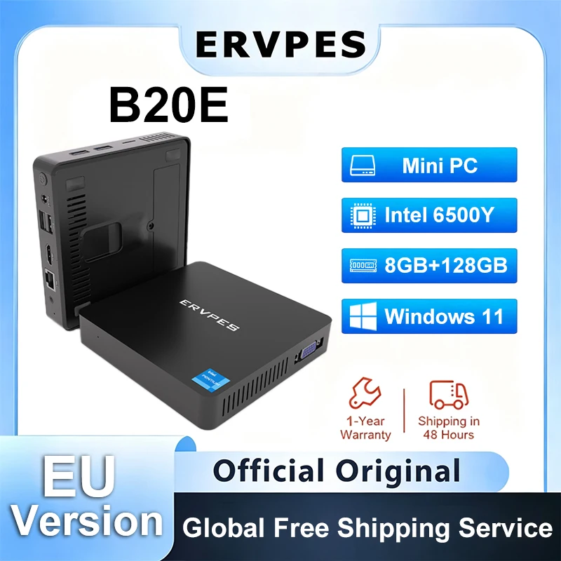 ERVPES B20E Mini PC Windows 11 8GB RAM 128GB SSD Intel 6500Y Dual Band WiFi5 BT5.0 HDMI/VGA USB Micro Desktop Computer for Home