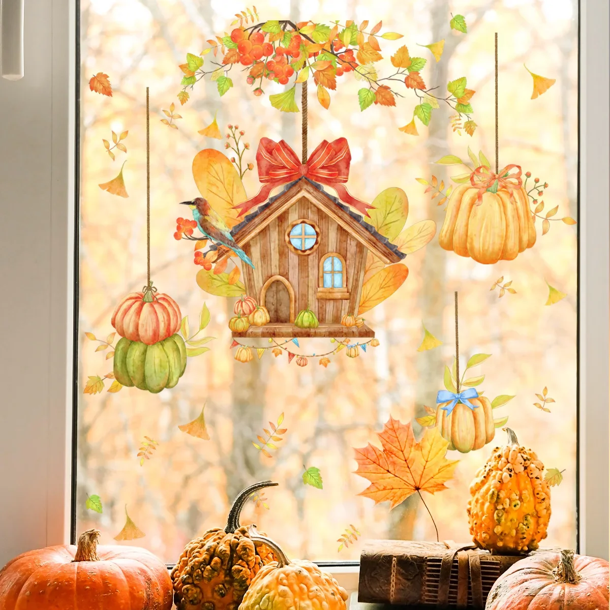 Esdoornblad Pompoen Huis Raam Elektrostatische Stickers Halloween Thanksgiving Herfst Muur Sticker Woonkamer Decoratie Behang
