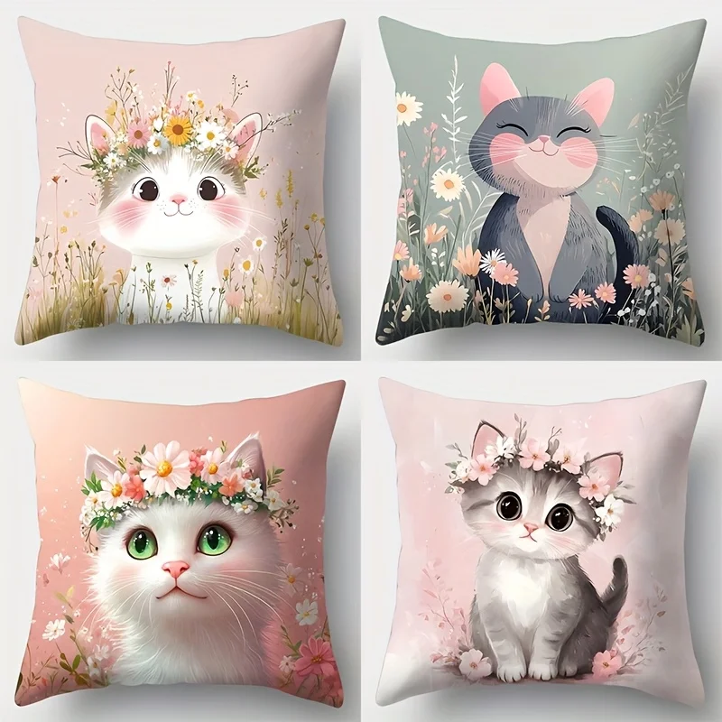 Juego de 4 piezas, funda de almohada para sofá, funda de almohada con bonito gatito, impresión de un solo lado, decoración