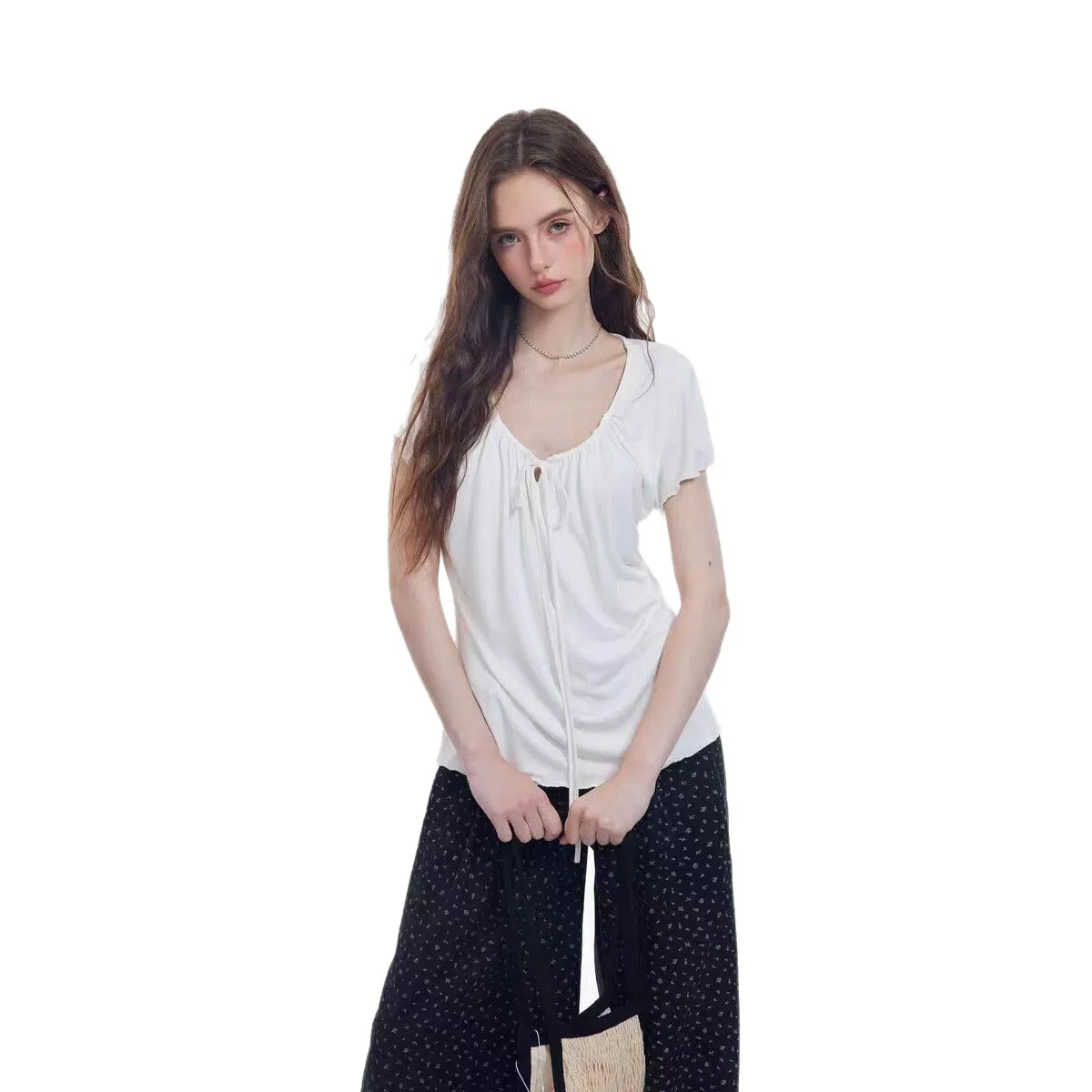 Summer Essential Women's Loose Fit T-Shirt V-Neck Short Sleeve Gathered Waist Casual Style Beach Vacation Wear Polyester Fiber