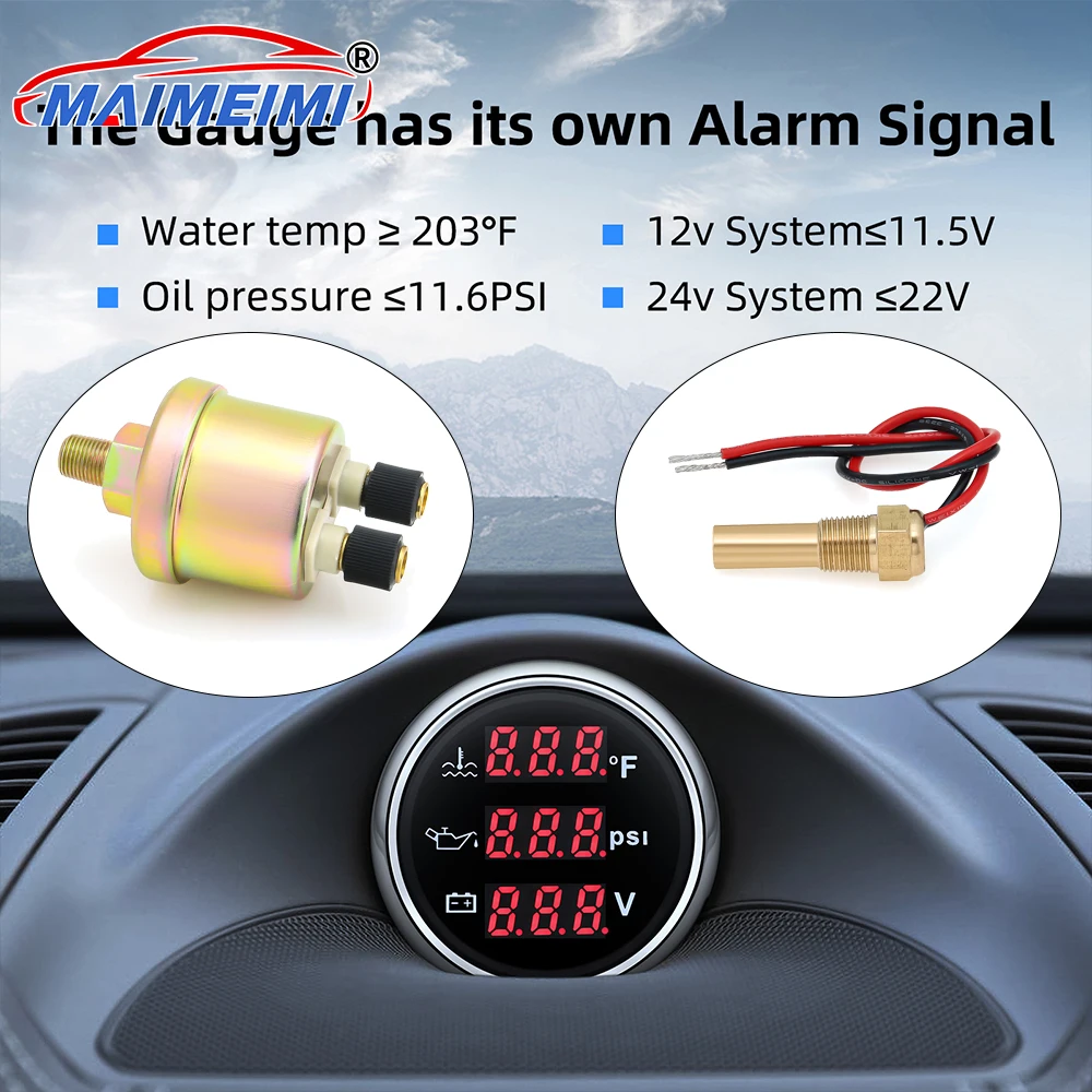 

3IN1 Multifunctional Water Temperature Oil Pressure Voltmeter Red LED Digital Car 52mm Gauge with sensors for Auto Car Boat