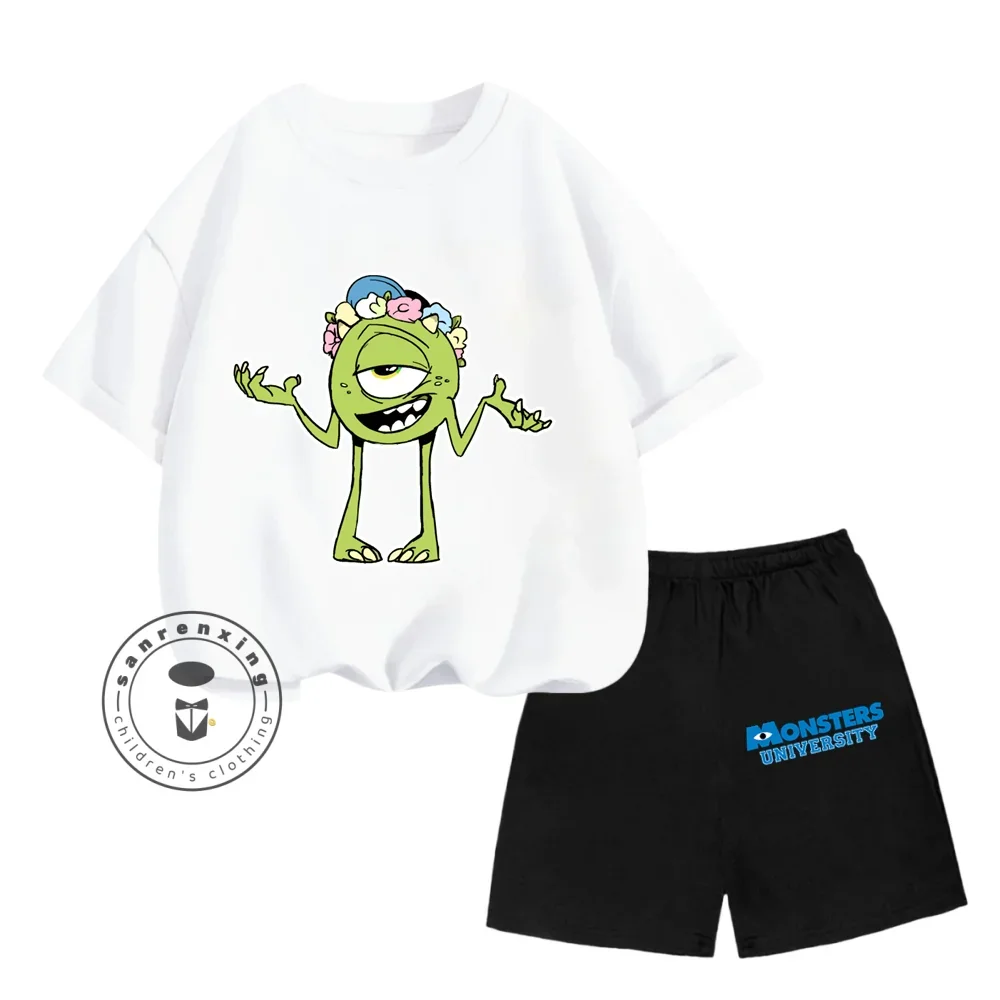 

Уникальные монстры с мультяшным принтом и круглым вырезом, игривые шорты с коротким рукавом и эластичными шортами, летний детский комплект из двух предметов