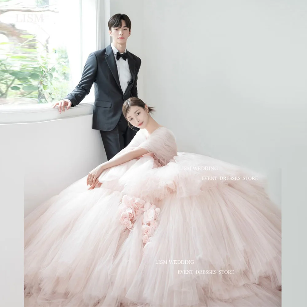 LISM Fairy Pink Tulle A-Line Evening Dresses Korea Photo Shoot 3D Flowers Teired Ruffles With Jacket Formal Occasion Dress