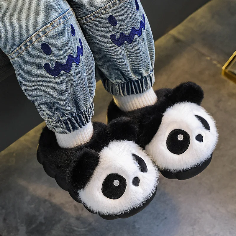 Children's Slippers Cute Panda Fluffy 2025 Winter New Cotton Slippers Warm Comfortable Indoor Cartoon Plush Floor Home Slippers