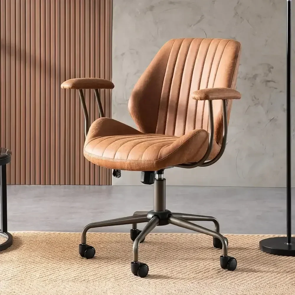 Magic Brown / Dark Brown Suede Fabric Swivel Office Task Chair with Arms and Lumbar Support