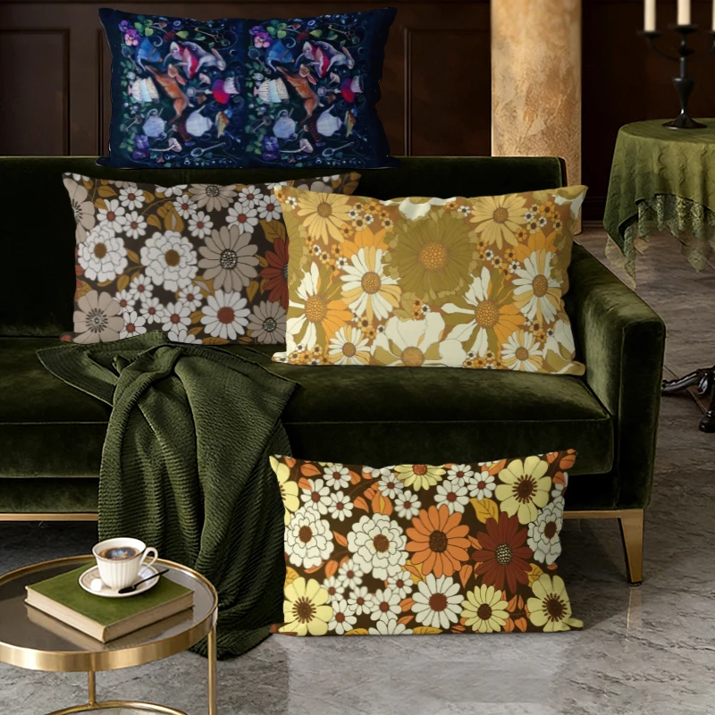 Retro-Kissenbezüge mit Gänseblümchen-Blumenmuster, rechteckig, geeignet für Sofa, Schlafzimmer, Auto, Kissenbezug, rechteckiges Rückenkissen