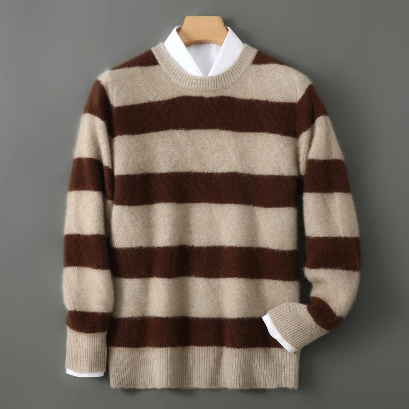 Men's color matching stripe 100% pure cashmere sweater casual padded cashmere bottoming sweater in autumn and winter.