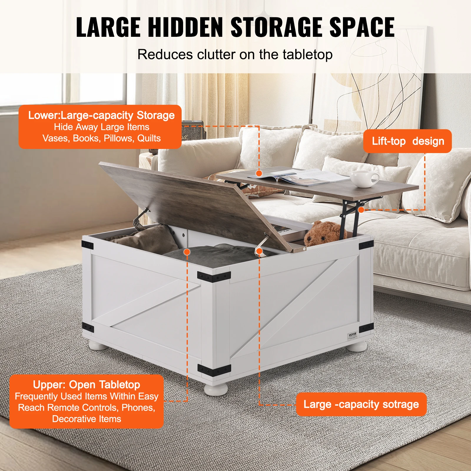 VEVOR 31.5" Farmhouse Coffee Table, Hinged Lift Top Coffee Square Table with Storage Compartment, Wooden Rustic Cocktail Table