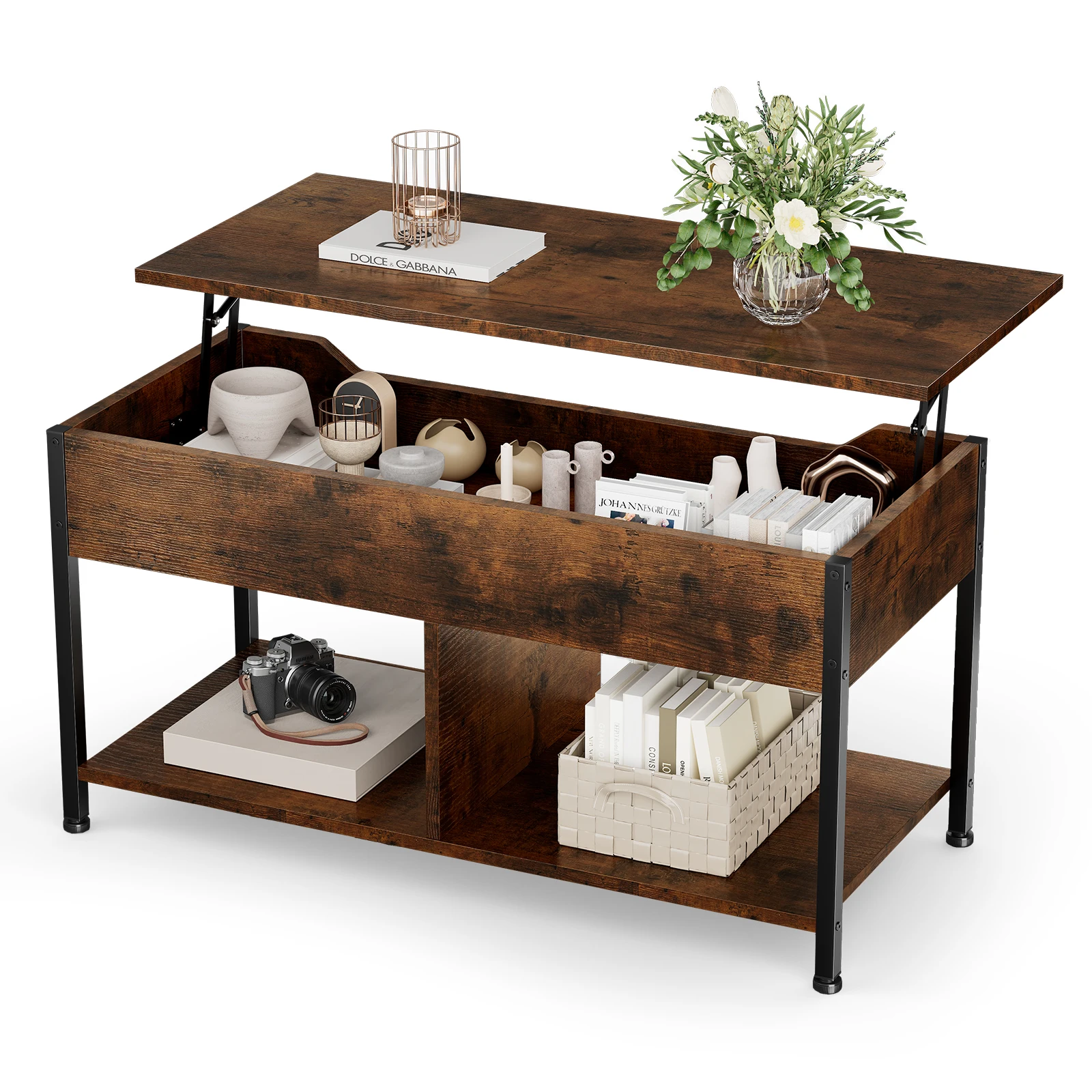 MCQ Lift Top Coffee Table with Storage For Living Room 39IN Wood Adjustable 2 Shelves Easy Lift Or Lower For Tea Dining Tables