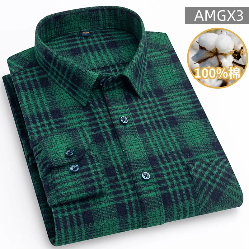 C203New giacca camicia a maniche lunghe spazzolata da uomo in puro cotone, camicia a quadri in cotone casual primaverile e autunnale di mezza età