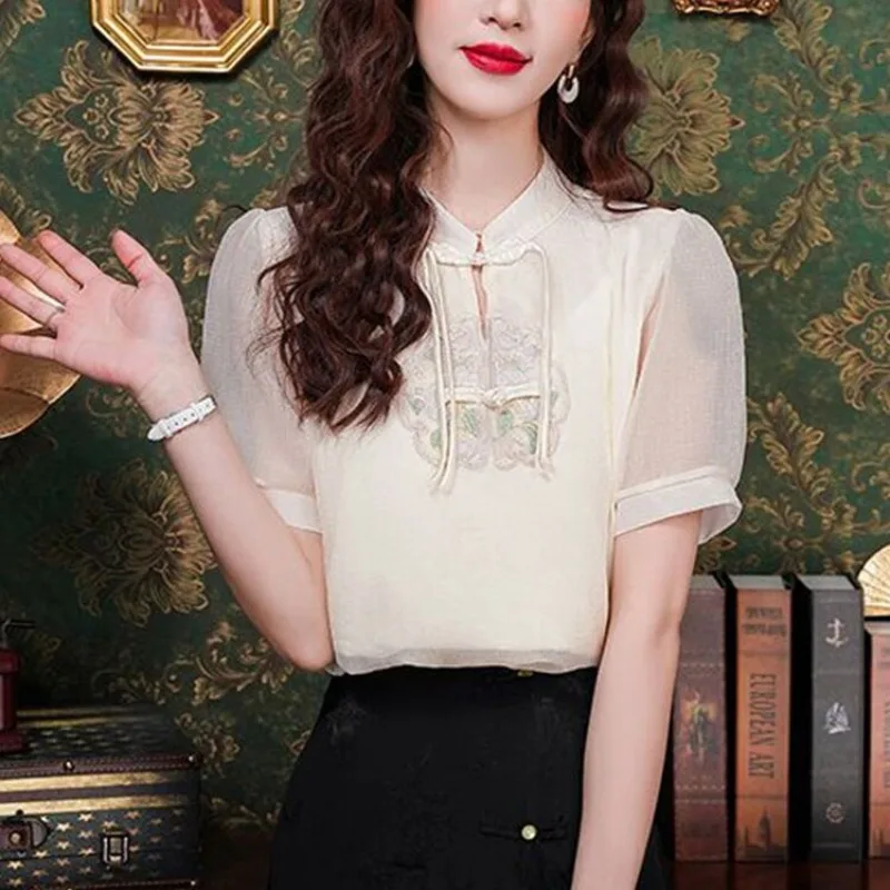 2024 New Summer Retro Frog New Chinese Style Women's Print Bandage Fashion Elegant Short Sleeve Slim Fit Chiffon Shirt Tops