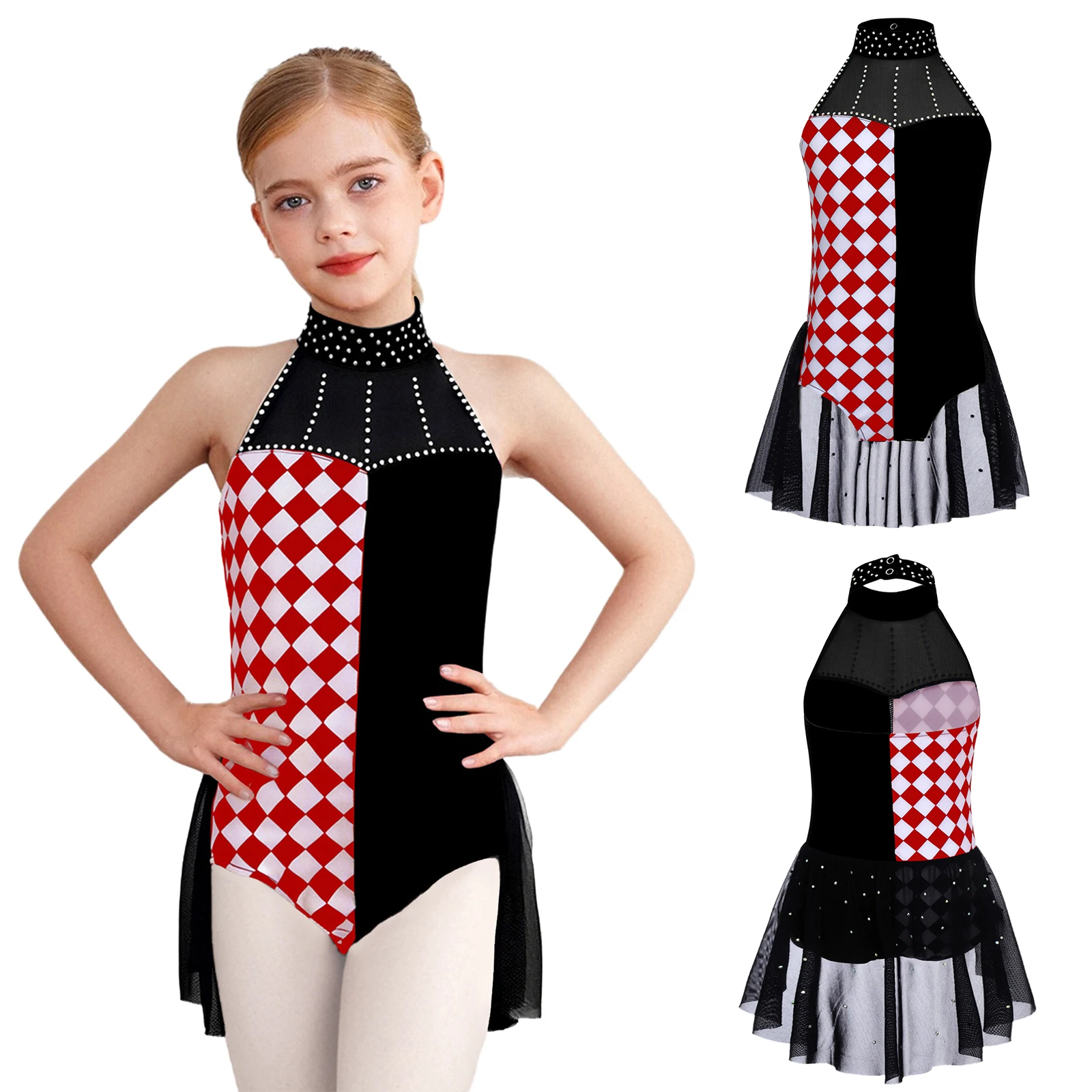 

Детский цирковой костюм клоуна для девочек на Хэллоуин, вечерние костюмы для косплея с юбкой, купальник с цветными блоками и стразами, комбинезон с лямкой на шее, боди, платье