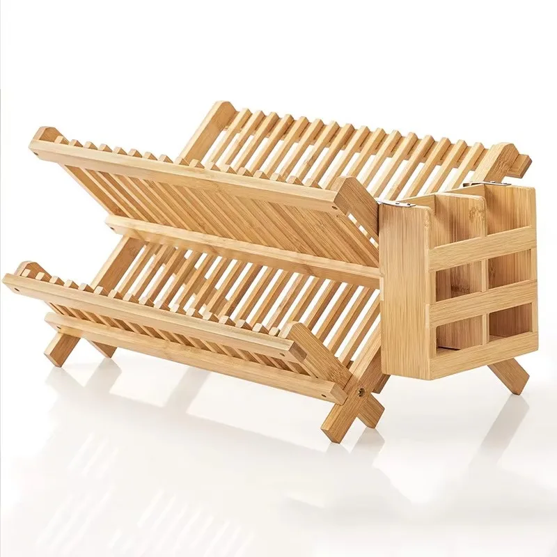 Kitchen Counter Wooden Drying Rack Apartment Essentials Kitchen Plate Rack 2 Layer Bamboo Drying Rack