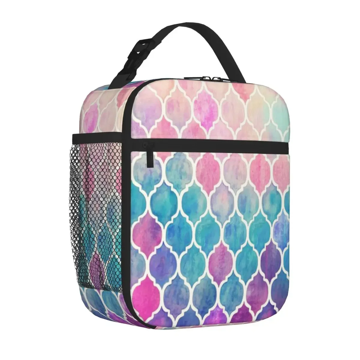 Hot Sale Rainbow Pastel Watercolor Moroccan Pattern Nautical Foldable Lunch Bag Family Outing Food Cooler Bag