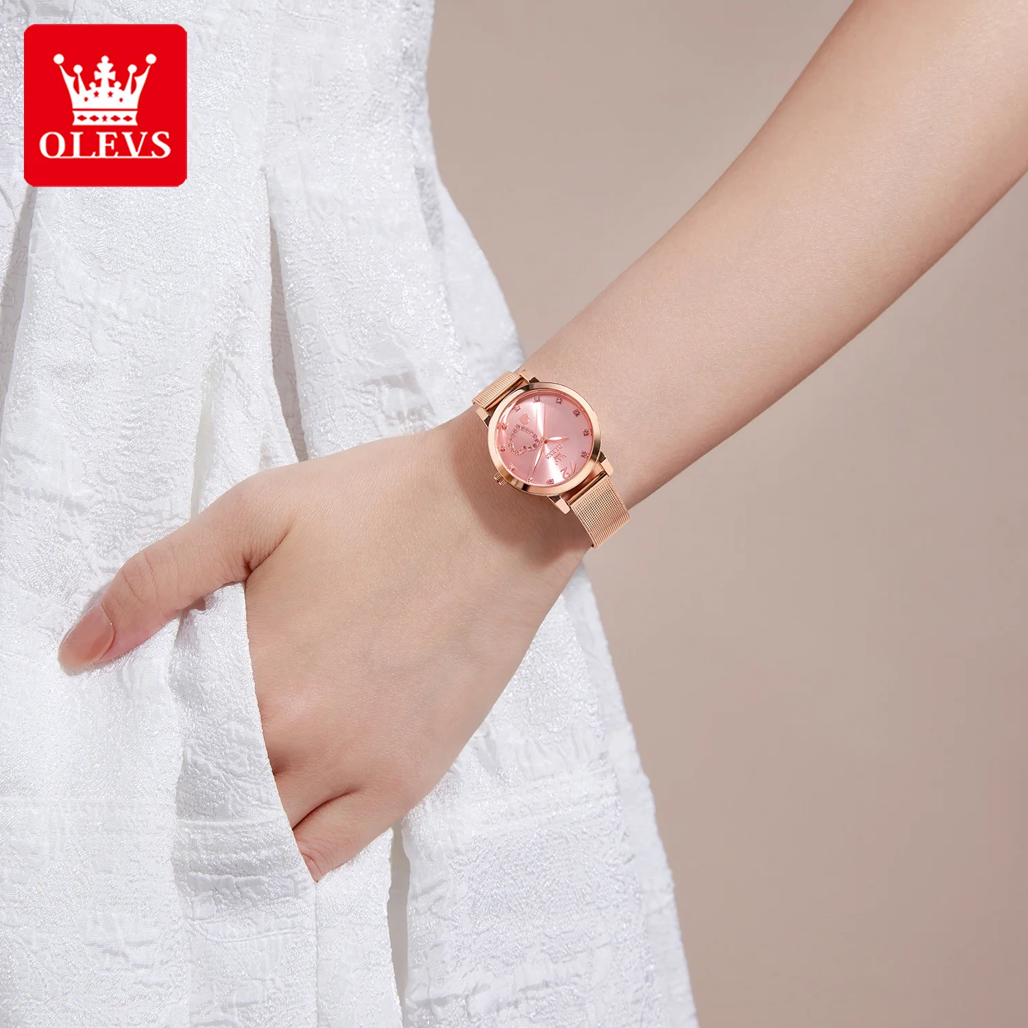 OLEVS 5189 Quartz Watch for Women Diamond Love Heart Design Fashion Elegant Rose Gold Mesh Steel Strap Waterproof Ladies Watches view 5