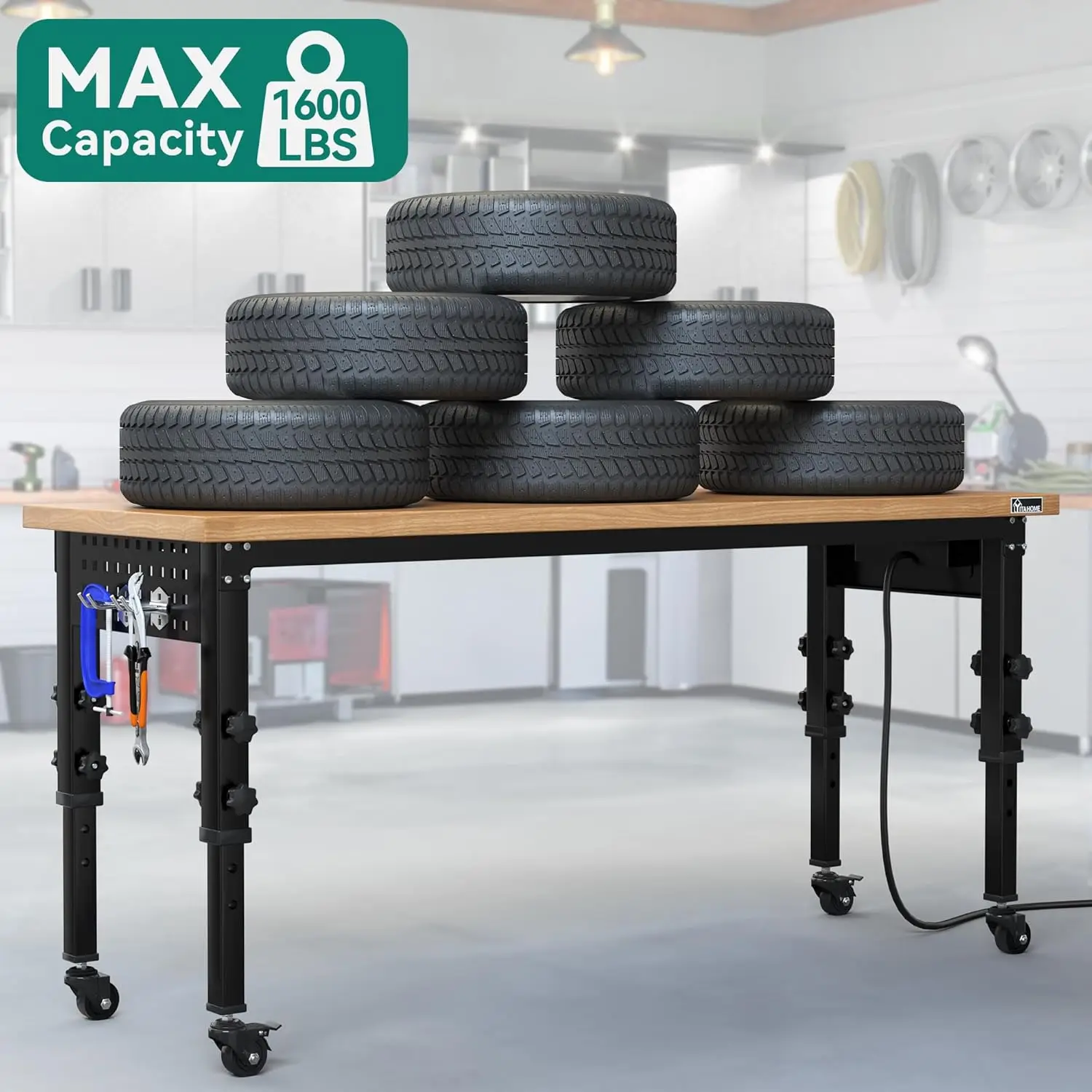 Banc de travail réglable pour garage avec panneau perforé et prises de courant, station de travail Rap-Duty, puzzles de charge 1600 LBS i, 48 po L x 20 po W