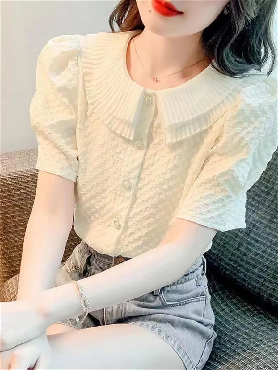 

Woman Summer Style Blouses Tops Lady Casual Short Lantern Sleeve Peter Pan Collar Solid Color Blusas Tops ZZ1513