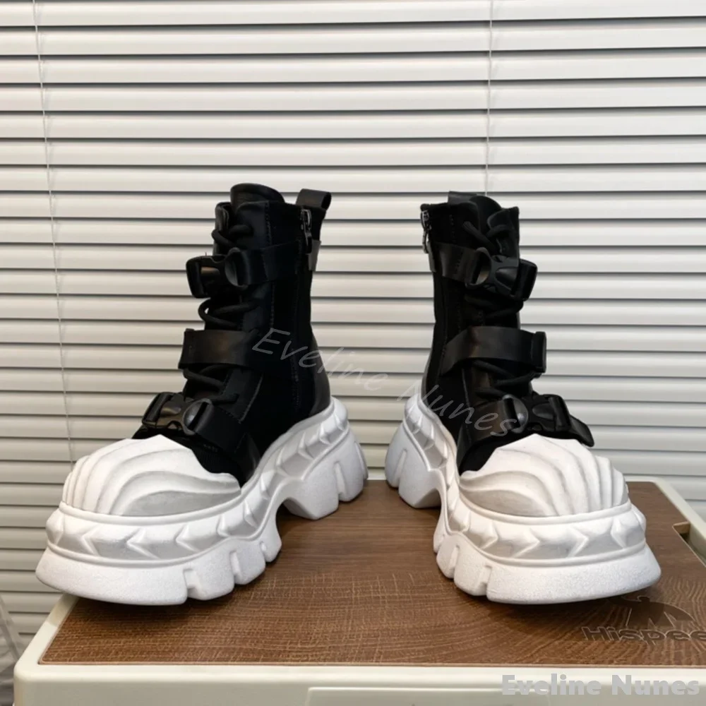 

Shell Toe Thick-soled Motorcycle Boots Women Punk Style Round Toe Buckle Strap Cool Girl Mid Calf Boots Autumn New