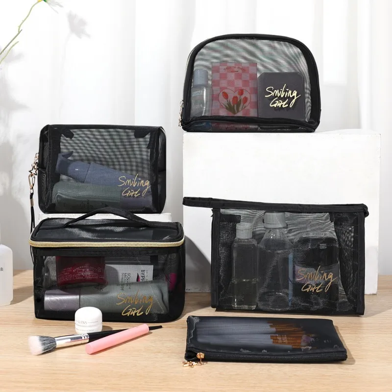 New Double Layer Mesh Transparent Cosmetic Bag Large Capacity Black Makeup Cases Travel Toiletry Organizer Lipstick Storage Bag