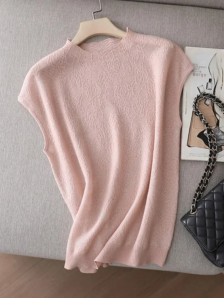 Fashion Vest Shirt Solid Stand-up Collar Knitted Sweater Short Sleeve Office Lady Loose Elegant All-Match Straight Tops