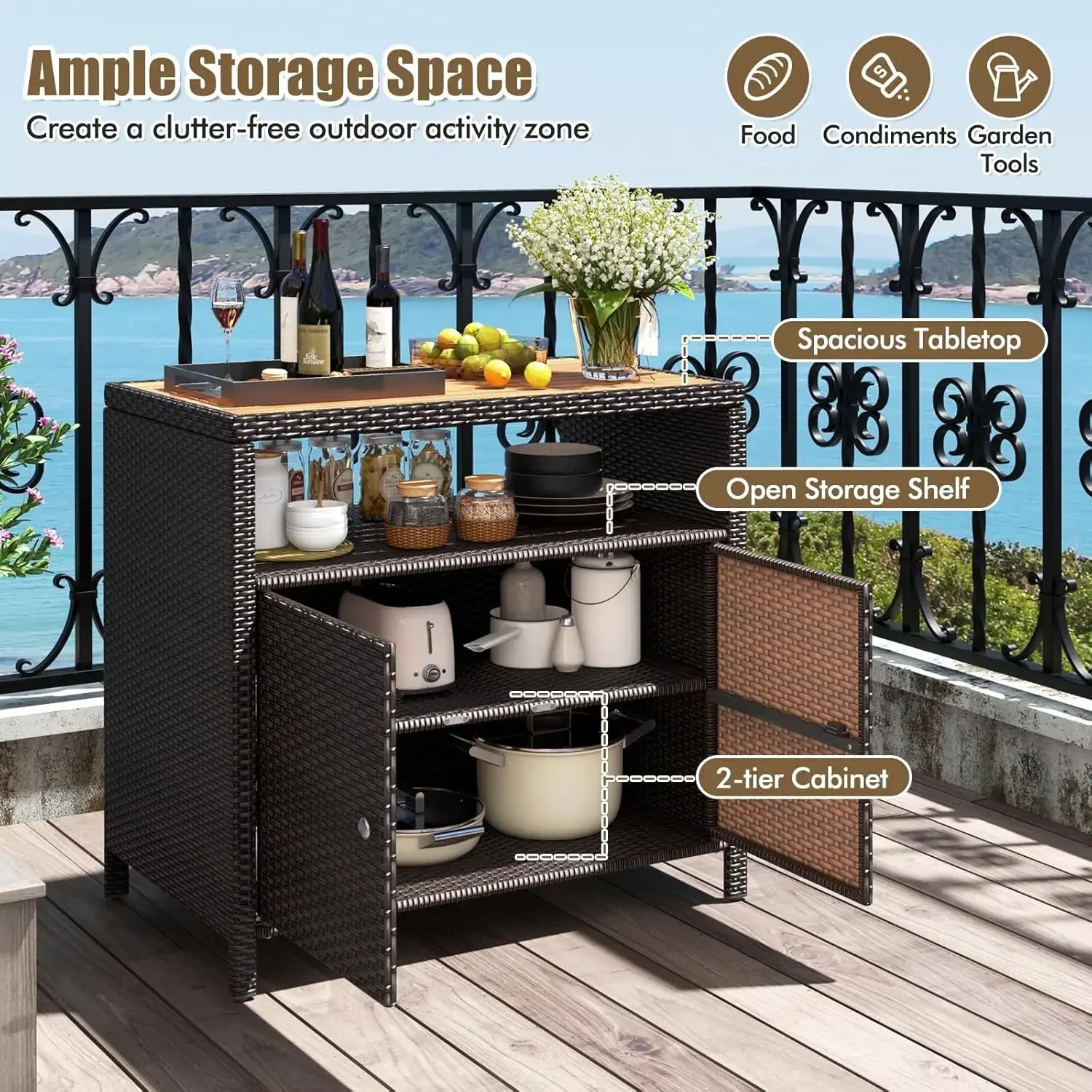 Rattan Storage Cabinet, Patio Sideboard Buffet Cabinet with Acacia Wood Countertop, Open Shelf & 2 Door Cabinet, Wicker Storage