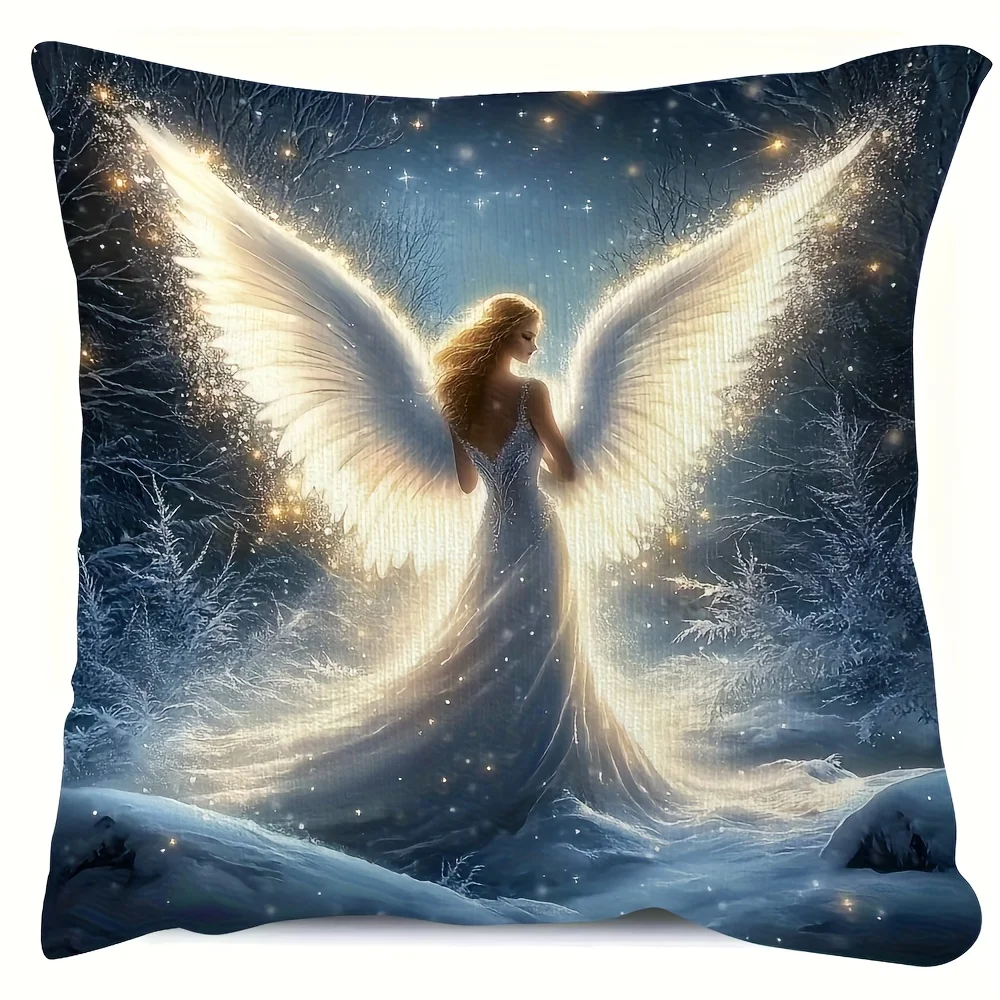 Magical Winter Angel Print Throw Pillow Cover Glowing Snowy Forest Angel Art Cushion Case for Enchanted  Home Decor Couch