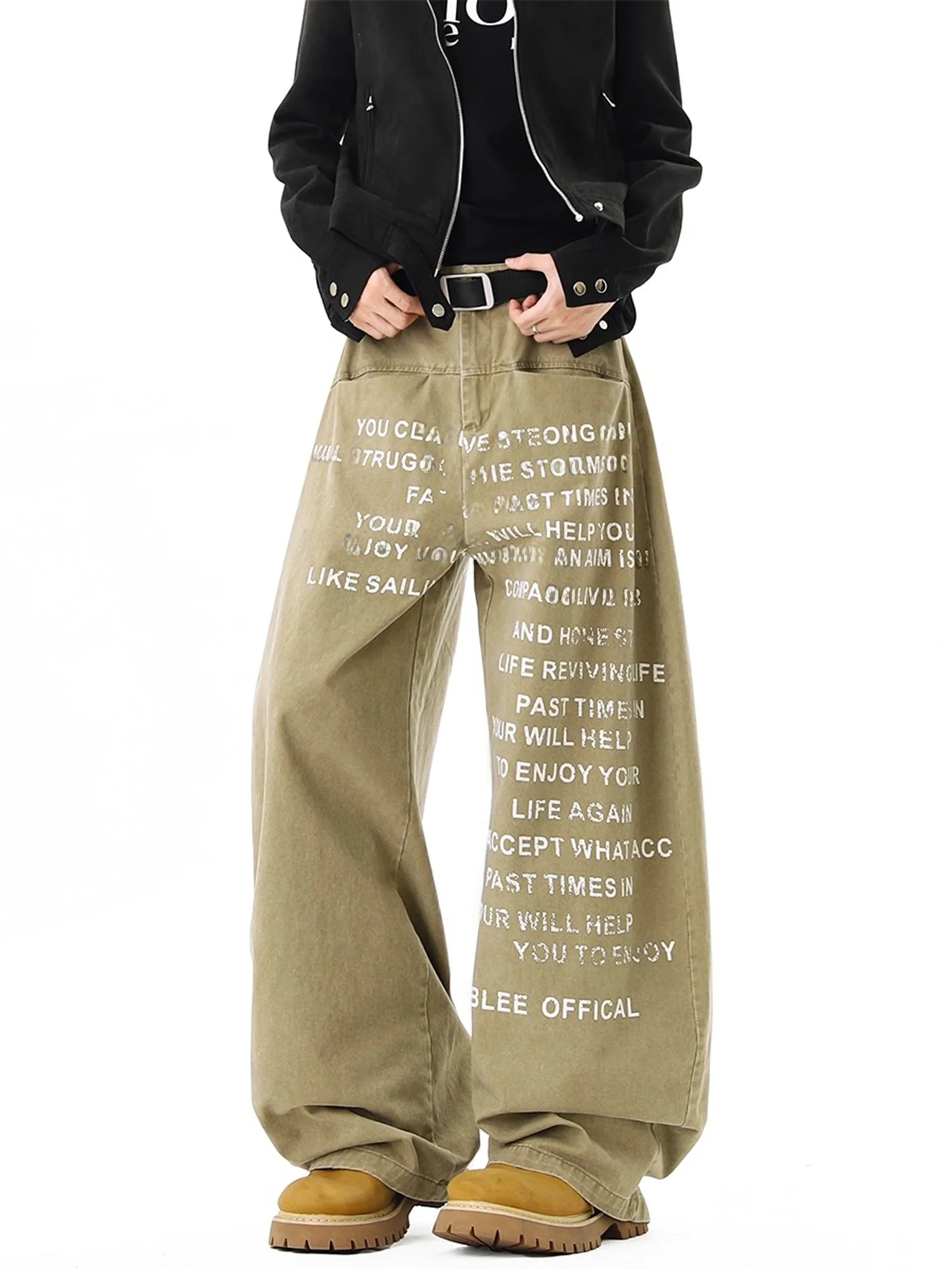 

Джинсы-карго цвета хаки с буквенным принтом, свободные широкие брюки унисекс, осенняя новинка, повседневные брюки для отдыха