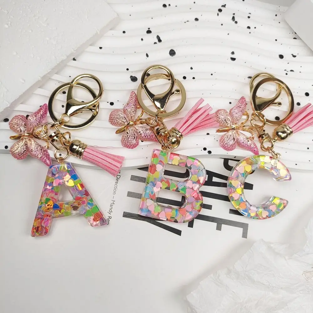 Personality Dreamy 26 Letter Keychain Sequin Alphabet Butterfly Initial Keyring A-Z Pink Alphabet Key Chain Car Accessories