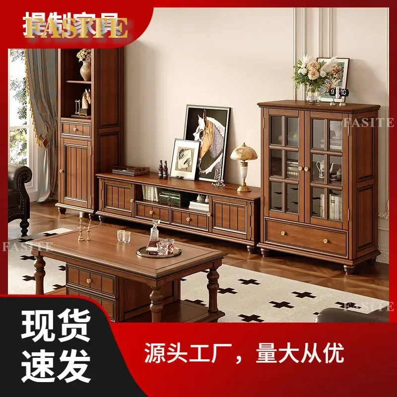 For American Solid Wood TV Cabinet Coffee Table Combo Retro Floor Storage Locker for Small Apartment Living Room Furniture