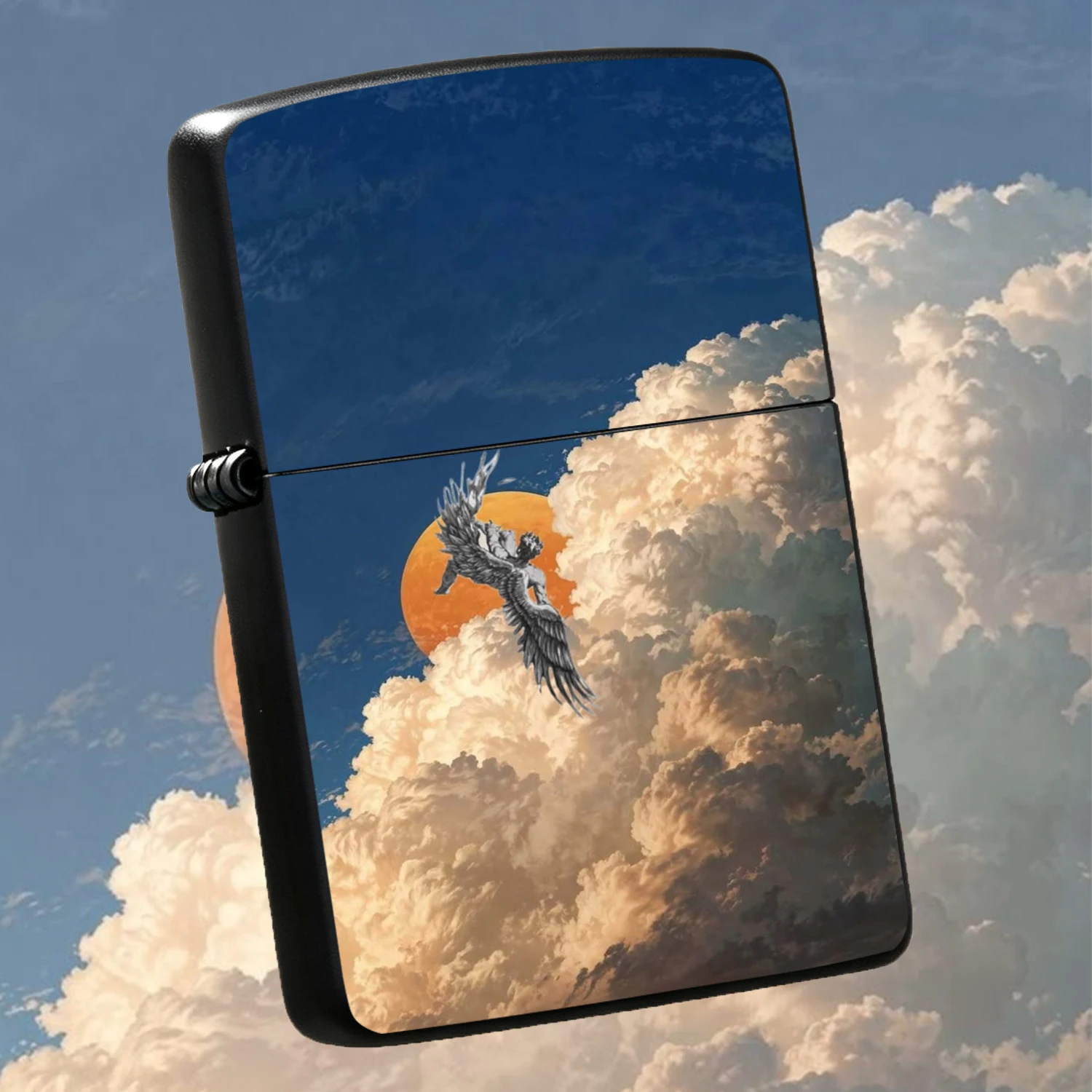 Artistic Winged Deity Chasing Sun Portable Igniter, Retro Orange Sun Thick Cloud Vibe Decor, Daily Carry Must-Have, Multi-Scene Stylish Present, Aesthetic Art Style Desktop Accessory For Gifting And Personal Use A Humorous And Interesting L