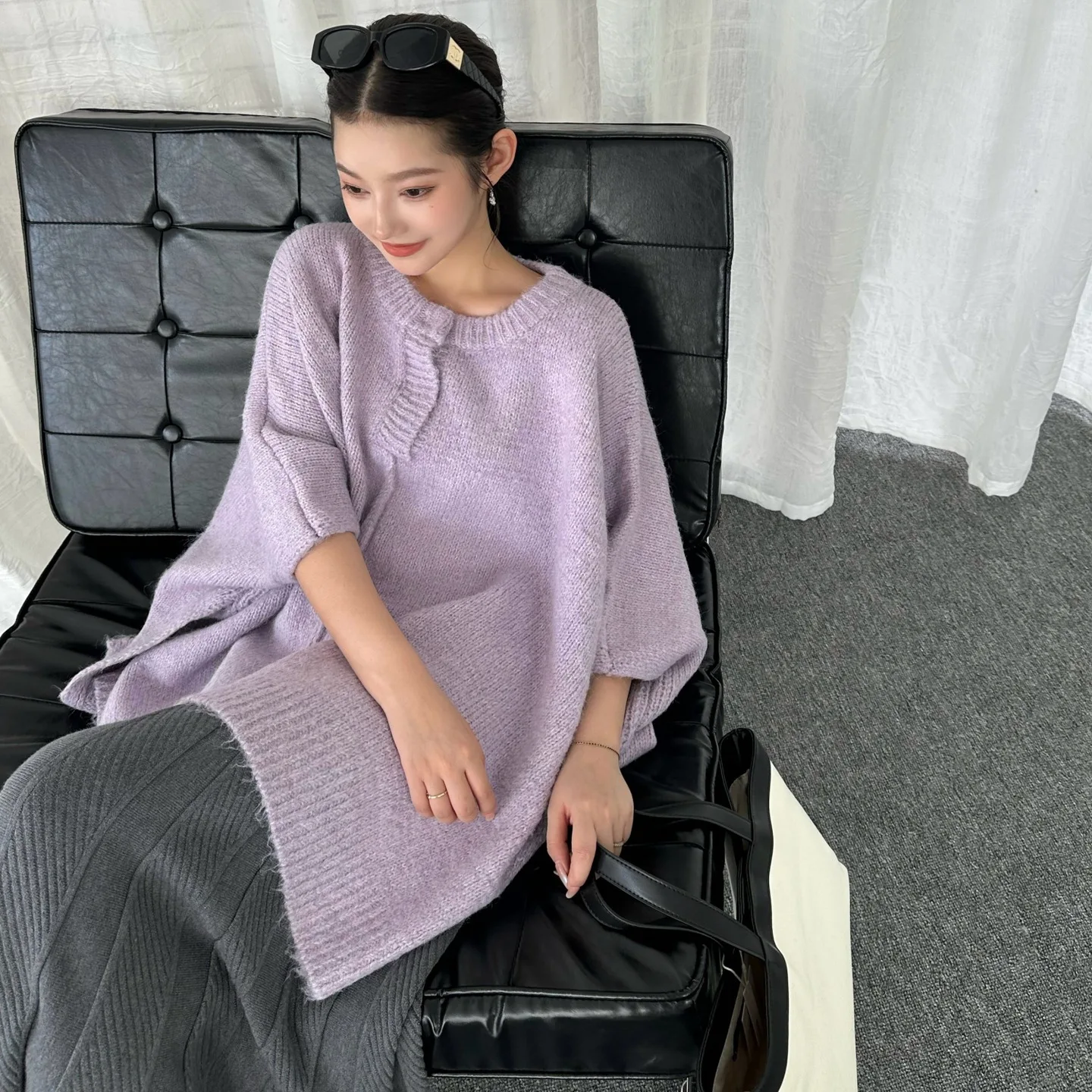 UMI MAO 레트로 고급스러운 분위기의 케이프 스타일 라운드 넥 울 재킷, 여유로운 스타일의 어깨, 두꺼운 가을 겨울 여성용 상의