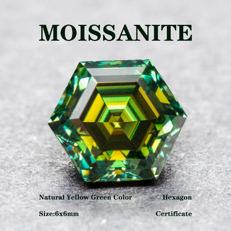 

Moissanite Stone Hexagon Cut Natural Yellow Green Color DIY Advanced Charms Jewelry Rings Earrings Making with Certificate
