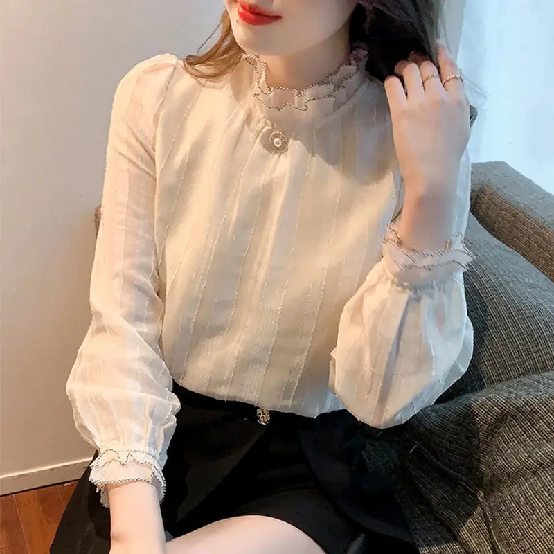 Women\'s Fashion Vintage Ruffle Beaded Sweet Blouse Elegant Chic Stand Collar Chiffon Shirts Female Casual Long Sleeve Solid Tops