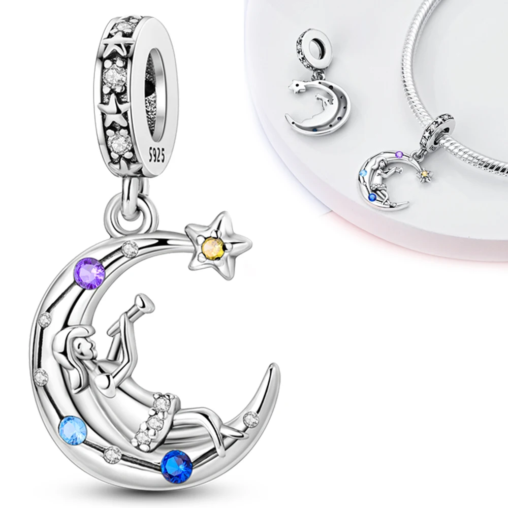 Moon Stars Little Girl Pendant 925 Sterling Silver Original Beads Fit Original 925 Charms Bracelet Beads Jewelry Gifts for Women