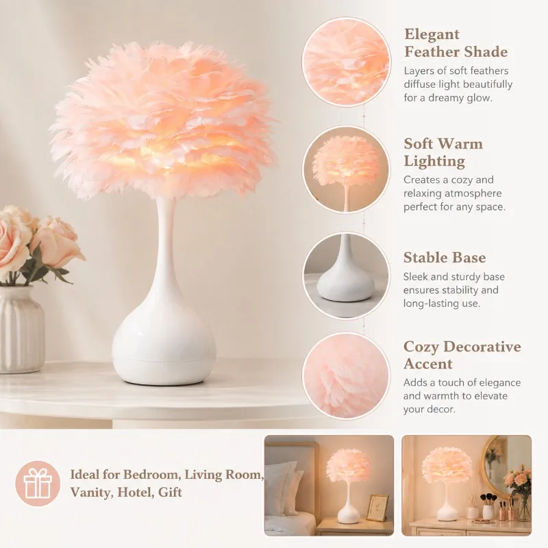 Feather Table Lamp Nordic White Pink Shade LED Warm Bedside Night Light for Bedroom Living Room Girls Room Home Decor Table Lamp