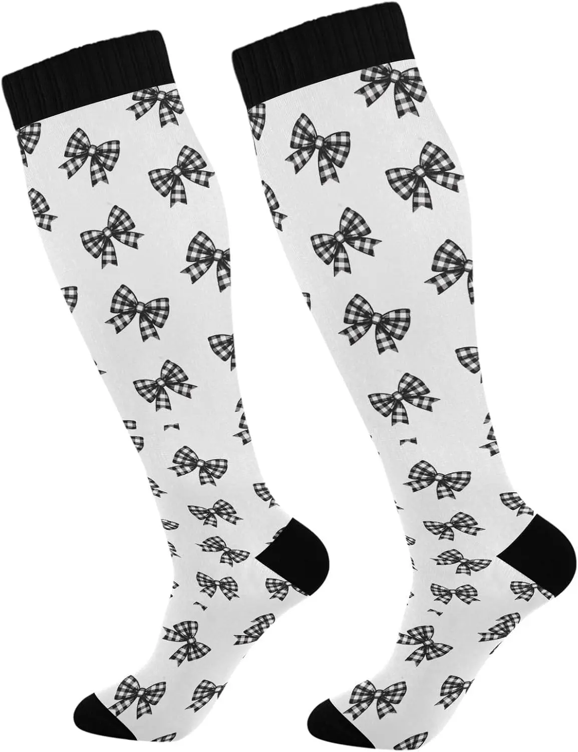 black Bows 20-30mmHg Knee High Athletic Stockings, Running Cycling Sport Travel Nurse Support Tube Socks 1 Pair