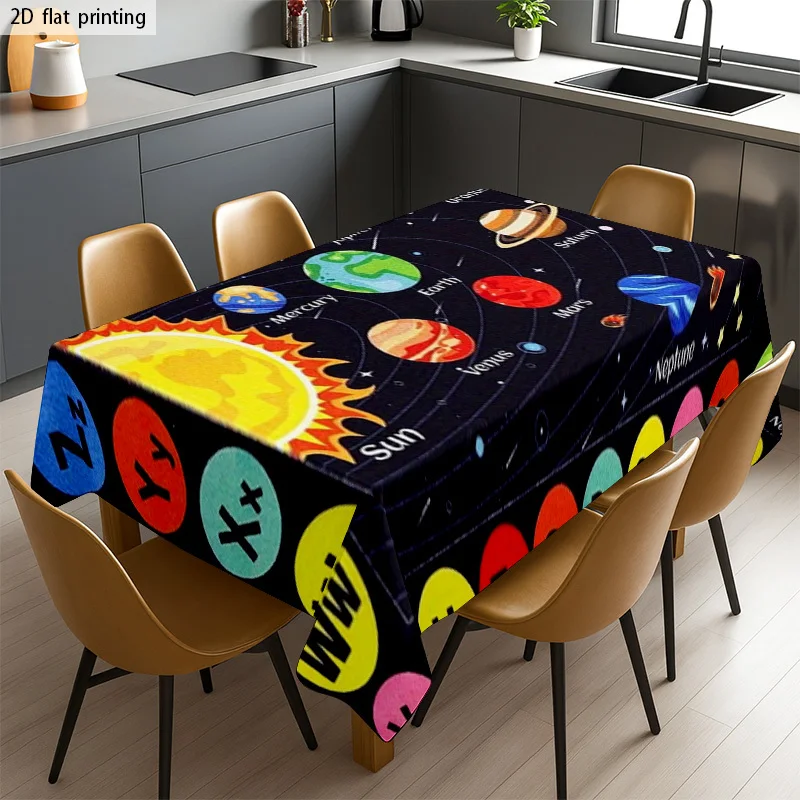 Vibrant Galaxy Planets Tablecloth Waterproof Spillproof Picnic Cloth for Dining Room Party Decor