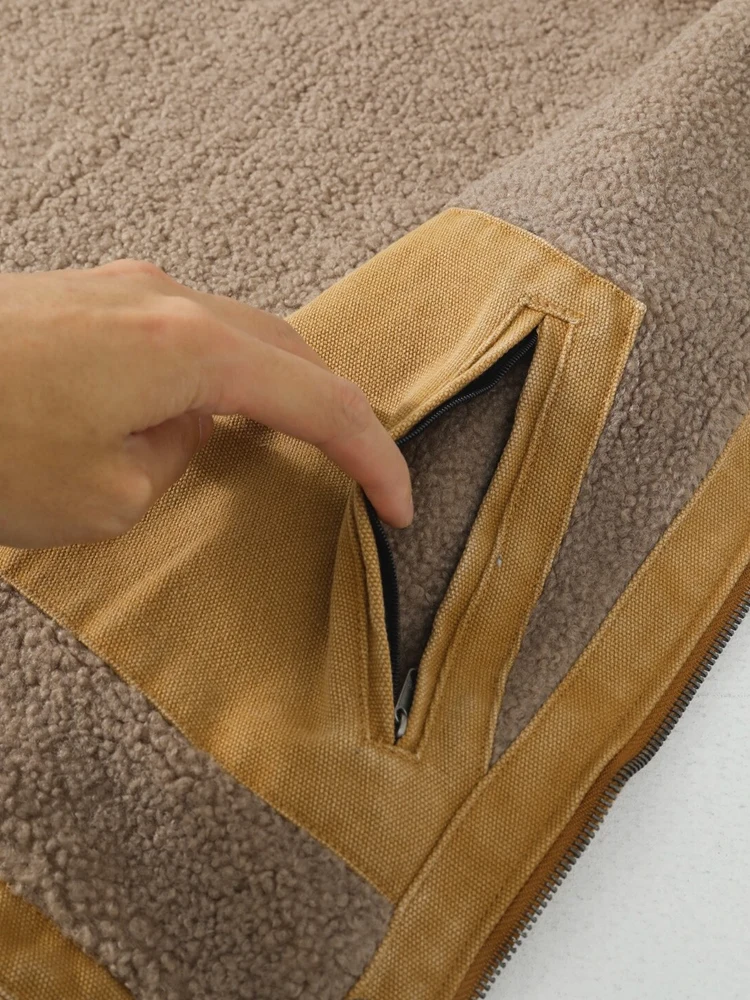 Warme Canvas-Weste, lockere Passform, schlichtes Design, Lammfell, Oulder-Pad, Decke, Karte, Auto, V33, Oberbekleidung für Herbst und Winter