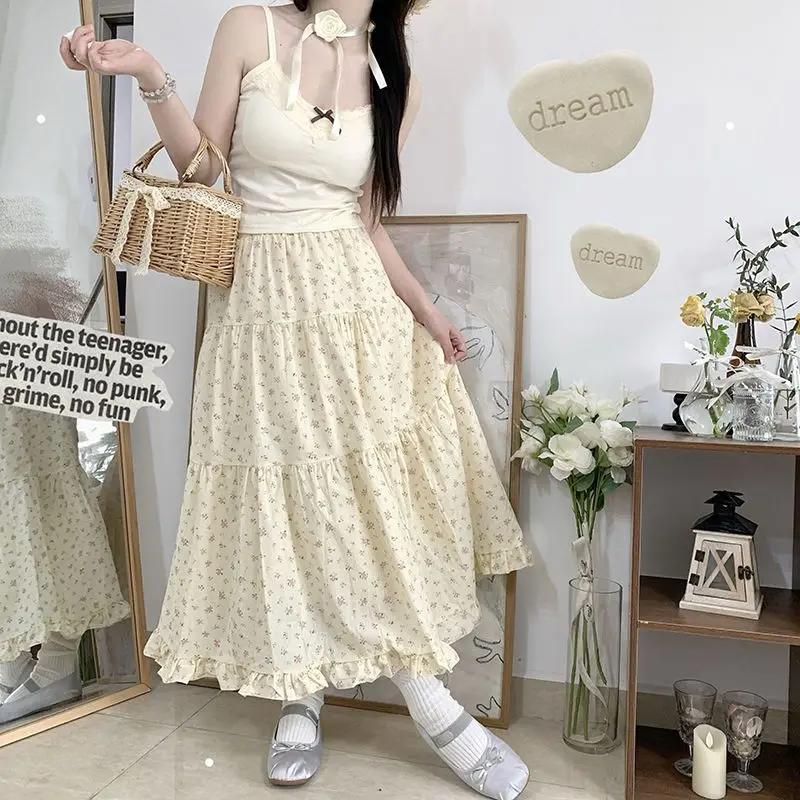 Japan Style Sweet Floral Skirts Women 2025 New High Waist Spliced Ruffle A-line Cake Long Skirt Kawaii Beach Faldas Ins
