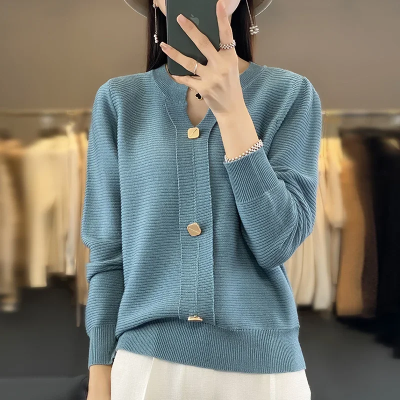 

Women Autumn Winter Pure Wool Blend Sweater V-neck Button Decoration Pullover Female Soft Casual Knitted Bottoming Top A471