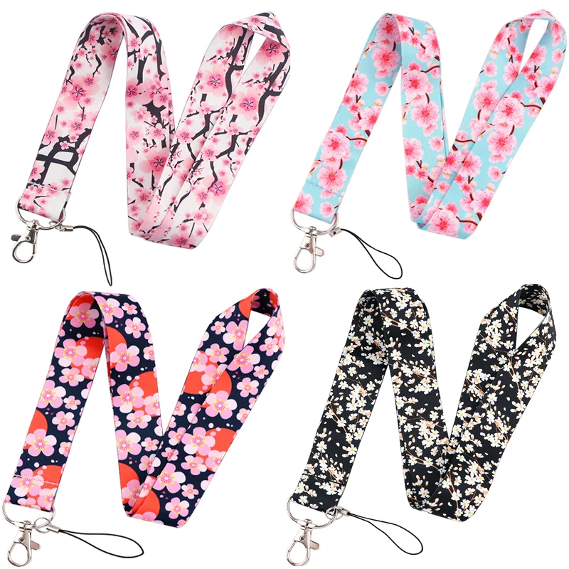 Beautiful Pink Cherry Blossoms Flowers Mobile Phone Rope Keychain Lanyard ID Badge Holder Neck Straps Keycord Webbing Ribbon