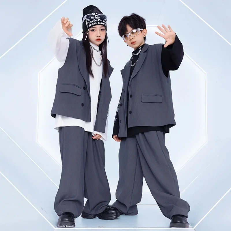 8-16 Hip-hop Costumes Boys Spring and Autumn Gray Suits Stage Costumes Girls Jazz Dance Performance Skateboarding Clothing