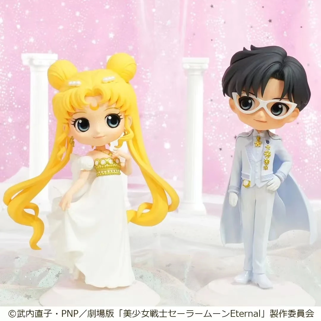 14CM Bandai Original Sailor Moon Anime Figure Wedding Dress Tsukino Usagi Chiba Mamoru Anime Figurine Model Toys For Girls Gifts