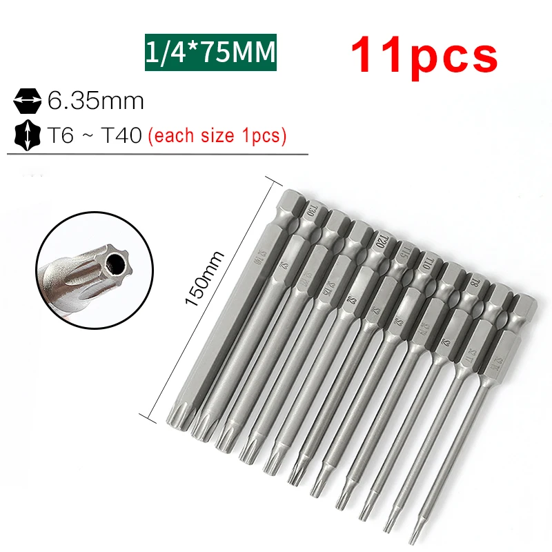 11pcs 75mm 1/4' Hex Shank Torx Screwdriver Bit Star Drill Head Magnetic T6 T7 T8 T9 T10 T15 T20 T25 T27 T30 T35 T40 with hole