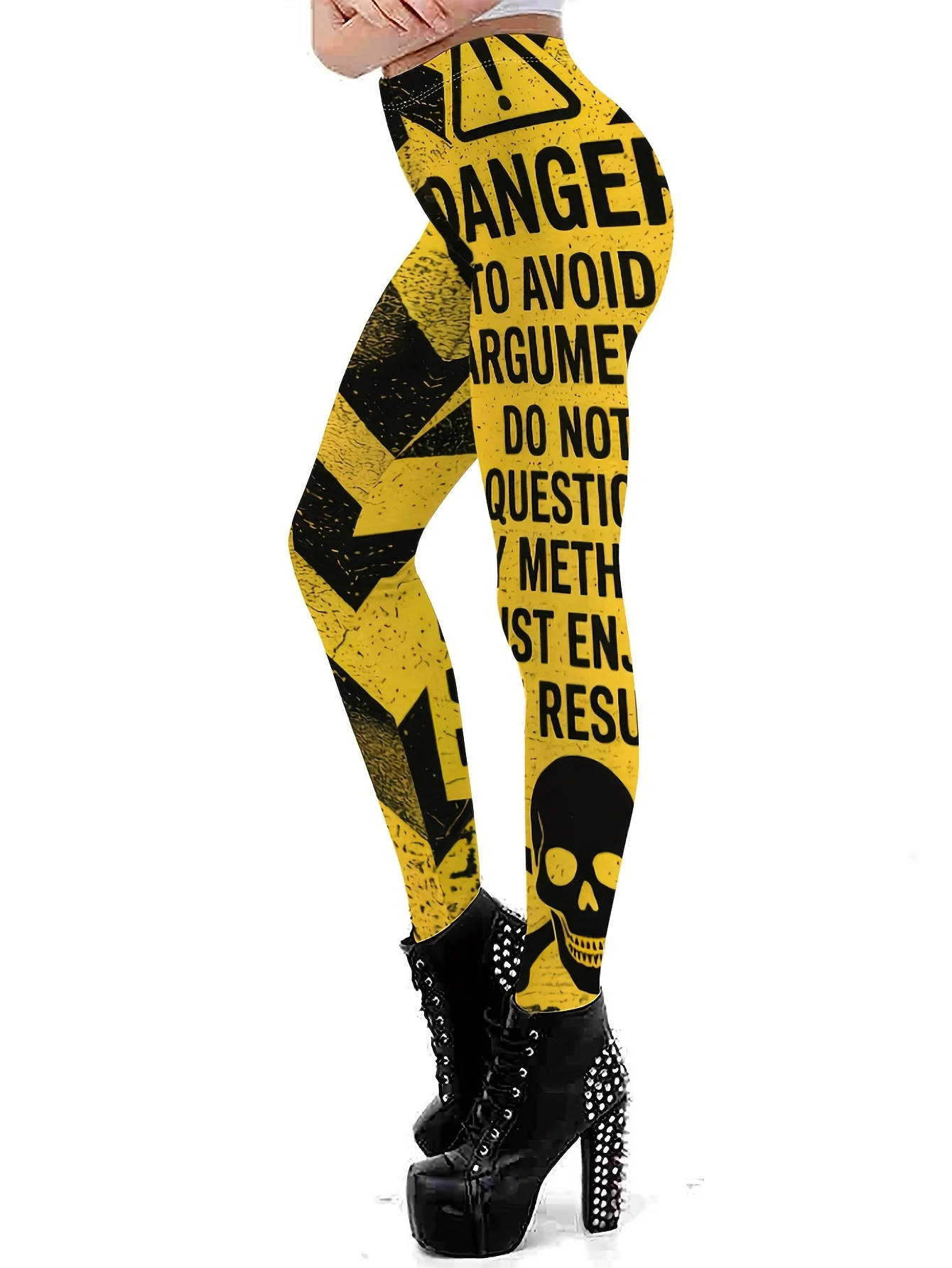 Women Mid Waist Fleece Lined Leggings Warning Skull Danger Text Print Slim Fit Thermal Winter Pants