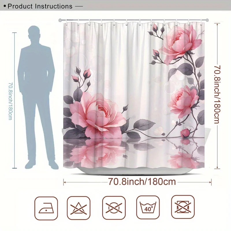 1pc Rose Shower Curtain Pink Roses Black Vines Reflective Water Design Bathroom Decor with 12 Hooks 70.8x70.8inch